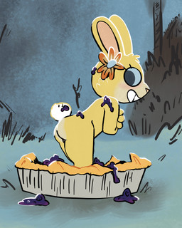 accessory anthro blue_eyes blueberry_(fruit) breasts butt cake countershade_butt countershading covering covering_breasts covering_self dessert eyelashes female flower flower_in_hair food fruit fur genitals hair hair_accessory looking_back messy nude nude_female pie_(food) pink_nose plant pop_out_cake scut_tail short_tail smile solo standing style_emulation tail teeth vulva yellow_body yellow_fur half_dime root_(game) woodland_alliance_(root) 4:5 absurd_res hi_res