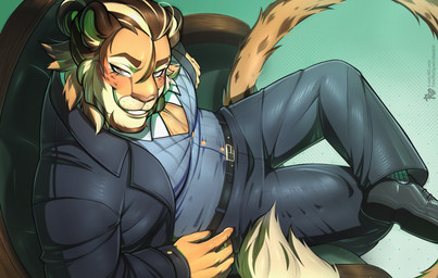 anthro big_penis bulge clothing genitals male muscular muscular_male penis solo suit olenchik tarry_albaz_(paillanos) cheetah felid feline lion mammal pantherine absurd_res hi_res