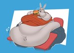 anthro belly belly_on_table big_belly big_butt big_moobs burger butt chubby_cheeks clothed clothing fat_arms fat_rolls food fur hair holding_burger holding_food holding_object huge_belly huge_moobs long_ears love_handles male moobs morbidly_obese morbidly_obese_anthro morbidly_obese_male navel obese obese_anthro obese_male overweight overweight_anthro overweight_male simple_background sitting solo white_body white_fur white_hair robuttschei desmond_(calebcorduroy) lagomorph leporid mammal rabbit absurd_res hi_res