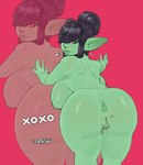 anus areola big_breasts big_butt black_hair breasts butt eyelashes female green_anus green_areola green_nipples hair hair_bun heart_symbol huge_breasts huge_butt humanoid_pointy_ears looking_at_viewer looking_back looking_back_at_viewer nipples nude pink_background pointy_ears pubes rear_view short_hair simple_background solo text thick_thighs wide_hips yellow_eyes trapagon_(artist) goblin humanoid hi_res