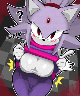 anthro blush blush_lines breasts cat_tail clothed clothed_female clothing clothing_lift covered_breasts female fingers fully_clothed fully_clothed_female gloves hair handwear inviting inviting_to_sex inviting_viewer looking_at_viewer presenting presenting_breasts question_mark red_eyes solo tail teasing teasing_viewer text tied_hair undressing wide_hips sirsmolnsfw outcome_memories sega sonic_the_hedgehog_(series) blaze_the_cat felid feline mammal 2026 absurd_res digital_media_(artwork) hi_res