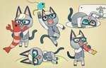 animal_behavior anthro blonde_hair cat_toy chibi clothing eyewear faucet fur glasses grey_body grey_fur hair humor male solo topwear vest water ka92 animal_crossing nintendo raymond_(animal_crossing) domestic_cat felid feline felis mammal hi_res