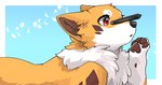 ambiguous_gender balancing_object black_nose blue_background border brown_pawpads cheek_tuft chest_tuft claws ears_back facial_tuft feral finger_claws fur head_tuft inner_ear_fluff kemono orange_body orange_fur pawpads pivoted_ears red_eyes simple_background snout solo tablet_pen tuft white_body white_border white_fur tsukune_minaga kitsuneinu canid canine fox mammal shaded