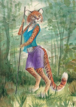 anthro bottomwear clothing female hunter melee_weapon polearm shirt shorts solo spear summer topwear weapon dimasbka felid mammal pantherine tiger hi_res