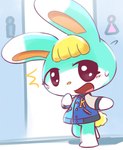 anthro bathroom blonde_hair blue_body blue_fur blush chibi clothing embarrassed female_symbol fur gender_symbol hair jacket letterman_jacket long_ears male male_symbol solo symbol topwear block_(artist) animal_crossing nintendo sasha_(animal_crossing) lagomorph leporid mammal rabbit digital_media_(artwork) shaded