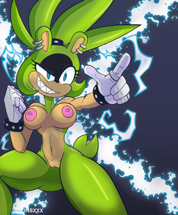 anthro areola black_nose blue_eyes clothing ear_piercing ear_ring female genitals gesture gloves green_body green_hair hair hand_gesture handwear navel nipple_piercing nipples piercing pink_areola pink_nipples pink_vulva pointing ring ring_piercing smile solo standing tan_body tan_inner_ear teeth vulva eltoonsz idw_publishing sega sonic_the_hedgehog_(comics) sonic_the_hedgehog_(idw) sonic_the_hedgehog_(series) surge_the_tenrec afrosoricid mammal tenrec absurd_res hi_res