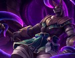 anthro armor bulge clothing looking_at_viewer male muscular muscular_anthro muscular_male solo tentacles nurinaki egyptian_mythology league_of_legends middle_eastern_mythology mythology riot_games tencent anubis nasus_(lol) vel'koz_(lol) anubian_jackal canid canine canis deity jackal mammal void_monster