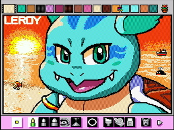 anthro beach blue_body fangs head_wings looking_at_viewer male open_mouth orange_sky outside ship simple_background sky smile solo sunset teeth unusual_wing_placement vehicle watercraft wings rodricoro mario_paint nintendo pokemon leroy_mirage aquatic cetacean fish generation_1_pokemon mammal pokemon_(species) wartortle whale bust_portrait digital_media_(artwork) dithering mario_paint_(artwork) portrait