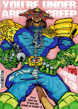 barcode belt_pack big_breasts big_bulge breasts bulge clothing comic_book cosplay gloves gun gynomorph handwear intersex low-angle_view nipple_outline police_badge ranged_weapon shoulder_pads solo weapon the_fedor_corpse judge_dredd_(franchise) cosey_(the_fedor_corpse) felid feline mammal cover_art hi_res
