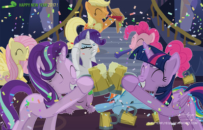 alcohol beverage blonde_hair blue_body blue_fur blue_hair clothing confetti container cowboy_hat crystal cup cutie_mark drunk eyes_closed feathered_wings feathers female feral fur group hair hat headgear headwear holding_object holidays horn inside male multicolored_hair orange_body orange_fur pink_body pink_fur pink_hair purple_body purple_eyes purple_fur rainbow_hair smile stairs substance_intoxication two_tone_hair unconscious white_body white_fur wings yellow_body yellow_fur shutterflyeqd friendship_is_magic hasbro my_little_pony mythology new_year applejack_(mlp) fluttershy_(mlp) mane_six_(mlp) pinkie_pie_(mlp) rainbow_dash_(mlp) rarity_(mlp) spike_(mlp) starlight_glimmer_(mlp) twilight_sparkle_(mlp) dragon earth_pony equid equine horse mammal mythological_creature mythological_equine mythological_scalie pegasus pony scalie unicorn winged_unicorn 2017 hi_res