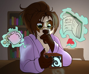 4_fingers airplane_ears anthro bathrobe book bookshelf breasts brown_body brown_facial_markings brown_fur brown_hair claws cleavage clothed clothing container countershade_hands countershading cup eyebrows eyewear facial_markings female fingers fur furniture furniture_lamp glasses glowing glowing_runes green_eyes hair hand_on_mouth hand_on_own_mouth head_markings holding_object lamp lamp_shade looking_at_object looking_down magic magic_glow magic_use magic_user markings messy_hair mug multitasking object_on_table pawpads pink_bathrobe pink_clothing pink_pawpads pink_robe ponytail puzzle puzzle_cube raised_eyebrow robe shadow sitting sitting_at_table solo spilling spilling_drink tan_body tan_fur telekinesis thinking phantastus blizzard_entertainment warcraft tiya_shortclaw bear mammal pandaren red_pandaren 6:5
