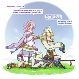 aiming_weapon ak-47 ak_platform ankle_band anthro armor assault_rifle avian_feet awp binoculars bottomwear canon_couple clothing crop_top dialogue ear_piercing ear_ring feather_hair feathers female good_parenting group gun happy humor husband_and_wife jewelry kneeling lying male married_couple narrowed_eyes on_front on_one_knee piercing pseudo_hair ranged_weapon rifle ring_piercing shirt skirt smile sniper_rifle speech_bubble squint standing tail tail_feathers term_of_endearment text topwear trio weapon winged_arms wings sb_torchic nintendo the_legend_of_zelda saki_(tloz) teba_(tloz) tulin_(tloz) avian rito 1:1 comic english_text one_panel_comic father_(lore) father_and_child_(lore) father_and_son_(lore) mother_(lore) mother_and_child_(lore) mother_and_son_(lore) parent_(lore) parent_and_child_(lore) parent_and_son_(lore) son_(lore)