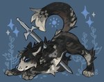 ambiguous_gender blue_eyes blue_nose chest_tuft feet feral head_tuft impalement markings melee_weapon narrowed_eyes solo sparkles squint sun_(marking) sword toeless_(marking) tuft weapon yawndogs canid canine canis hybrid mammal wolfdog hi_res