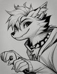 anthro cheek_tuft clothed clothing collar cute_fangs ear_piercing facial_tuft grey_background hoodie inner_ear_fluff looking_at_viewer piercing simple_background smile solo spiked_collar spikes topwear tuft falvie canid canine fox mammal 2024 digital_media_(artwork) hi_res monochrome