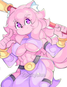 anthro breasts female fur holding_object holding_weapon muscular muscular_female pink_body pink_fur small_waist solo thick_thighs under_boob weapon wide_hips zipskyblue hanako_(zipskyblue) felid feline mammal hi_res