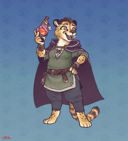 anthro barefoot belt blue_background bottomwear breasts brown_hair cape clothing digitigrade feet female fingerpads fur green_clothing green_shirt green_topwear hair holding_object holding_potion looking_aside magic_user markings open_mouth pants pawpads potion shirt simple_background smile solo spots spotted_body standing tail topwear yellow_body yellow_fur keffotin dungeons_and_dragons hasbro wizards_of_the_coast felid mammal tabaxi 2020 digital_media_(artwork) hi_res