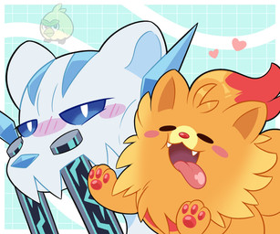 ambiguous_gender blue_eyes blush blush_lines cheek_to_cheek duo eyebrows eyes_closed fangs feral fur green_body half-closed_eyes narrowed_eyes open_mouth orange_body orange_fur pawpads paws pushing_another sword_fangs teeth tongue tongue_out andyocelot angry_birds nintendo pokemon pokemon_winds_and_waves rovio_entertainment sega browt chien-pao generation_10_pokemon generation_9_pokemon legendary_pokemon pokemon_(species) pombon 2026 6:5 hi_res