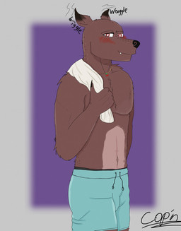 anthro blush bottomwear brown_body brown_fur chest_tuft claws clothing fur jewelry male necklace red_eyes shirtless shorts solo towel towel_on_shoulder tuft wiggle copinlighter blades_of_furry radu_(blades_of_furry) bat leaf-nosed_bat mammal microbat vampire vampire_bat yangochiropteran hi_res