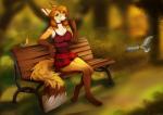 bench bottomwear breasts clothed clothing detailed_background female fluffy fluffy_tail freckles furgonomics green_eyes group long_ears miniskirt outside park park_bench sitting skirt smile solo_focus tail tail_through_skirt wide_hips lycangel autumn_(praexon) avian bird canid canine fox mammal 2017