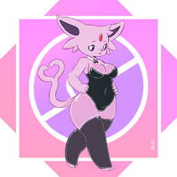 anthro anthrofied black_bow_tie black_clothing black_leotard black_nose black_sclera bow_tie breasts cleavage clothed clothing eyelashes female forehead_gem forked_tail front_view fur gem gradient_background grey_clothing grey_legwear grey_thigh_highs hand_on_hip legwear leotard looking_at_viewer navel_outline pink_background pokemorph purple_background purple_body purple_fur simple_background solo tail thick_thighs thigh_highs unusual_anatomy unusual_tail white_background white_eyes wide_hips mc233tkx nintendo pokemon eeveelution espeon generation_2_pokemon pokemon_(species) absurd_res hi_res