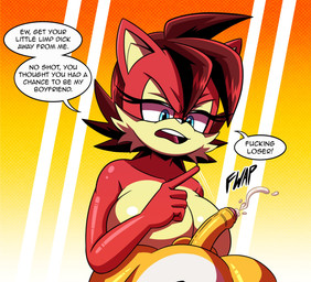anthro balls bodily_fluids breasts cum dialogue duo female fur genital_fluids genitals humiliation male male/female nude penis penis_humiliation red_body red_fur small_penis_humiliation text yellow_body yellow_fur cxrryart archie_comics sega sonic_the_hedgehog_(archie) sonic_the_hedgehog_(comics) sonic_the_hedgehog_(series) fiona_fox miles_prower canid canine fox mammal red_fox true_fox comic english_text hi_res