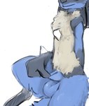 animal_genitalia anthro balls blue_body blue_fur chest_spike fully_sheathed fur genitals male sheath sheath_play sheath_pull simple_background solo spikes spikes_(anatomy) white_background mindkog nintendo pokemon generation_4_pokemon lucario pokemon_(species) hi_res sketch