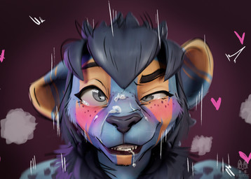 action_line ahegao anthro blush bodily_fluids clenched_teeth cum cum_in_mouth cum_inside cum_on_face female freckled_face freckles fur genital_fluids hair looking_pleasured mane motion_lines simple_background solo spiky_hair teeth tuft krapette knockout_(krapette) aquatic felid fish hybrid lion mammal pantherine shark