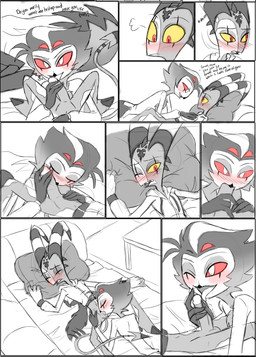 anthro anthro_penetrated balls blush bottomless bottomless_humanoid bottomless_male clothed clothing dialogue duo erection eye_contact eyes_closed fellatio fingers furniture genitals hair half-closed_eyes hand_on_penis holding_penis horn humanoid_genitalia humanoid_on_anthro humanoid_penetrating humanoid_penetrating_anthro humanoid_penis licking looking_at_another lying male male/male male_penetrated male_penetrating male_penetrating_male narrowed_eyes on_back on_front one_eye_closed open_mouth oral oral_penetration penetration penile penile_penetration penis penis_lick pillow red_eyes sex shirt simple_background smile sofa sofa_sex spread_legs spreading tail text tongue tongue_out topwear angelofhapiness hellaverse helluva_boss blitzo_(helluva_boss) stolas_(helluva_boss) avian bird demon humanoid imp mammal owl owl_demon absurd_res comic digital_media_(artwork) english_text hi_res monochrome sketch