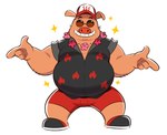 anthro belly big_belly bottomwear clothing eyewear hat headgear headwear humanoid_hands male overweight overweight_male shirt shorts simple_background solo sunglasses topwear splashburr breeze_in_the_clouds burney_(breeze_in_the_clouds) domestic_pig mammal suid suine sus_(pig) 2022 hi_res