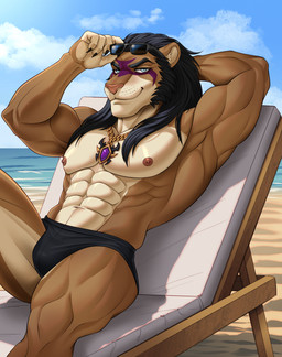 5_fingers abs anthro beach black_hair clothed clothing eyewear eyewear_on_head fingers fur hair humanoid_hands jewelry male muscular muscular_anthro muscular_male navel necklace nipples smile solo speedo sunglasses sunglasses_on_head swimwear tan_body tan_fur topless topless_anthro topless_male wearing_sunglasses epic_maxxx malekai_(blinkblinkblink) felid lion mammal pantherine hi_res