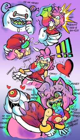 accessory anthro barefoot bracelet breast_lick breast_play breasts butt clothing dialogue dress exclamation_point extreme_french_kiss eyelashes feet female french_kissing gloves group hair_accessory hairband handwear heart_symbol jewelry kissing licking long_tongue male multicolored_eyes multicolored_tongue possession purple_background rainbow_eyes rainbow_tongue sharp_teeth simple_background teeth tongue tongue_in_mouth torn_clothing trio harpourge sega sonic_the_hedgehog_(series) amy_rose king_boom_boo boo_(sonic) eulipotyphlan ghost hedgehog mammal spirit absurd_res hi_res