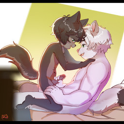 adult_on_young age_difference anal anal_penetration anthro biped black_bars black_nose countershade_face countershade_tail countershade_torso countershading dipstick_tail duo erection eye_contact from_front_position fur genitals glans grey_body grey_fur grey_hair hair handjob handjob_while_penetrating humanoid_genitalia humanoid_penis larger_male looking_at_another looking_at_partner male male/male male_penetrated male_penetrating male_penetrating_male markings mastery_position multicolored_body multicolored_fur navel nude older_male open_mouth pawpads penetration penile penile_penetration penis penis_in_ass pink_nose sex short_hair side_view size_difference smaller_male tail tail_markings tan_body tan_countershading tan_fur teeth tongue two_tone_body two_tone_fur white_body white_fur white_hair young young_anthro young_male younger_male elly_(artist) martin_becket canid canine canis fox mammal wolf 1:1 2026 hi_res letterbox