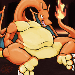 3_toes ambiguous_gender anthro anthrofied belly big_belly cave claws featureless_crotch feet fire flaming_tail long_neck navel non-mammal_navel overweight overweight_anthro pokemorph solo tail thick_thighs toe_claws toes wide_hips wings ddzi_(zini) nintendo pokemon charizard generation_1_pokemon pokemon_(species) 1:1 absurd_res hi_res