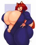 anthro big_breasts breasts female huge_breasts mature_female nipple_outline solo thick_thighs unzipped_bodysuit unzipping fiffer mama_maria canid canine canis domestic_dog mammal hi_res