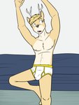 3:4 anthro antlers blonde_hair blue_eyes briefs bulge clothed clothing colored_seam_underwear deer deer_frat_dude_(fuze) fuze hair hi_res horn male mammal navel nipples open_mouth raised_arm solo topless underwear white_briefs white_clothing white_underwear yellow_seam_briefs yellow_seam_underwear