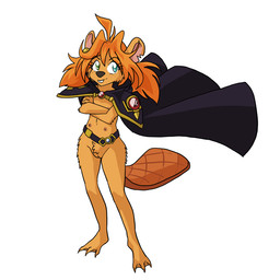 anthro cape clothed clothing ear_scar female flat_chested fur genitals hair membrane_(anatomy) multi_nipple nipples orange_body orange_fur orange_hair partially_clothed scar simple_background smile solo standing teeth vulva white_background young young_female unknown_artist lina_inverse beaver mammal rodent 1:1