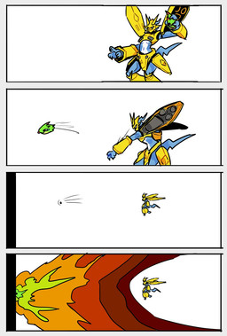 anthro armor blue_body duo fire green_body humor male throwing odditymon bandai_namco digimon digimon_(species) gekkomon magnamon scalie comic hi_res