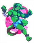 abs anthro athletic bandage barefoot biceps biped bulge claws clothed clothing feet floppy_ears green_body green_skin male muscular muscular_anthro nipples pecs scar simple_background smile solo teeth toe_claws toes tongue topless underwear white_background super-tuler hi_res