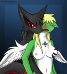 anthro black_body black_fur blonde_hair blush breast_fondling breast_grab breast_play breasts duo eyes_closed feathered_wings feathers female female/female fondling from_behind_position fur fur_markings green_body green_fur hair hand_on_breast looking_at_another looking_at_partner looking_pleasured markings nipples open_mouth red_body red_eyes red_fur sex standing tail white_body white_fur wings giru_(artist) mythology nesa_(drakeraynier) yuri_(giru) demon dragon furred_dragon furred_scalie mythological_creature mythological_scalie scalie