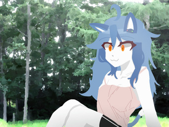 anthro blue_hair breasts female fur grass hair hearing_aid orange_eyes plant solo tress white_body white_fur unknown_artist my_neighbor_enide allie_(my_neighbor_enide) domestic_cat felid feline felis mammal 4:3 hi_res