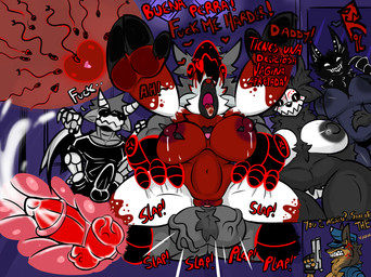 angry anthro anthro_on_anthro ball_slap balls big_balls big_breasts big_knot black_body bodily_fluids breast_milking breasts cum cum_inside cum_request duo erection female genital_fluids genitals gun heart_symbol insemination_request knot lactating leg_grab machine male male/female moan ovulating piercing_pull poker_face public public_sex ranged_weapon red_body red_eyes rough_sex sex size_difference slap smile text tongue tongue_out weapon white_body roder_vasquez the_backrooms 96_(roder_vasquez) draco_(roder_vasquez) folfie_winter karelia_(ace_rattman) nissal_(roder_vazquez) canid canine deer hybrid mammal monster protogen skulldragon smiler_(the_backrooms) hi_res spanish_text