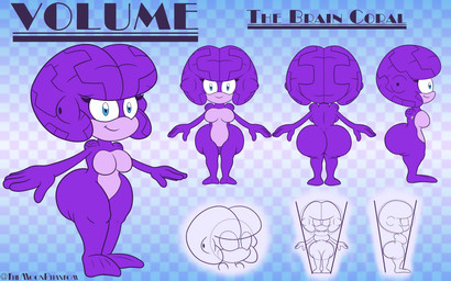 anthro big_brain big_butt big_head biped blue_eyes breasts butt countershade_face countershade_torso countershading curvy_figure eyelashes featureless_breasts female huge_butt medium_breasts nude purple_body shortstack shortstack_female smile solo thick_thighs shadowwalk sega sonic_the_hedgehog_(series) fan_character volume_the_brain_coral anthozoan aquatic brain_coral cnidarian coral 16:10 2026 absurd_res hi_res model_sheet widescreen