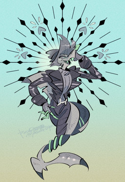 anthro clothed clothing male shark_tail sharp_teeth snout solo teeth yasutak1192 hellaverse helluva_boss chazwick_thurman aquatic demon fish shark shark_demon hi_res