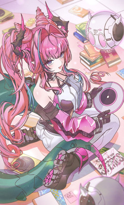 bare_shoulders belt big_breasts black_boots black_clothing black_footwear black_gloves black_handwear blue_eyes blush book boots breasts clothing crop_top disc fangs female footprint footwear glistening glistening_hair gloves hair handwear highlights_(coloring) horn kneeling leggings legwear long_hair looking_at_viewer looking_up looking_up_at_viewer machine narrowed_eyes open_mouth pawprint pigtails pink_hair pointy_ears prick_ears scales scaly_tail seiza shirt shoes sitting sleeveless_shirt tail teeth topwear white_clothing white_leggings white_legwear mising arknights_endfield mythology yvonne_(arknights) animal_humanoid dragon dragon_humanoid humanoid mythological_creature mythological_scalie robot scalie hi_res