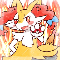 accessory ambiguous_anthro ambiguous_fluids ambiguous_gender anthro biped bow_ribbon cute_fangs fangs fire fire_background focus_lines food front_view hair_accessory hair_bow hair_ribbon hand_on_hip holding_object holding_pokeball looking_at_viewer object_in_tail open_:3 open_mouth open_smile pokeball ribbons shrimp_(food) smile snout solo standing tail teeth annyui0611 nintendo pokemon braixen canid generation_6_pokemon mammal pokemon_(species) 1:1 2022 digital_drawing_(artwork) digital_media_(artwork) half-length_portrait hi_res japanese_description portrait translated_description
