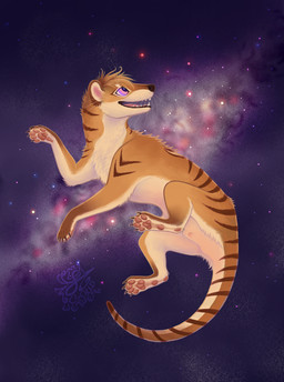 4_toes 5_fingers anatomically_correct_feet arm_markings arm_tuft back_markings back_tuft brown_body brown_claws brown_ears brown_feet brown_fur brown_hair brown_hands brown_markings brown_nose brown_paws brown_tail brown_tuft chest_tuft chevron_(marking) claws cosmic_background countershade_arms countershade_body countershade_face countershade_feet countershade_fur countershade_hands countershade_legs countershade_neck countershade_paws countershade_torso countershading detailed_background digitigrade elbow_tuft eye_markings eye_spots eyebrows eyebrows_(marking) eyelashes featureless_crotch feet female female_feral feral finger_claws fingers floating fur fur_markings furry_tail glowing glowing_eyes gradient_hair hair head_markings hindpaw in_space inner_ear_fluff leg_tuft looking_away looking_up markings monotone_inner_ear monotone_markings multicolored_body multicolored_eyes multicolored_fur neck_markings occipital_markings open_mouth open_smile outline pawpads paws pink_eyes pink_inner_ear pink_pawpads pink_tongue pouch_(anatomy) purple_eyes quadruped raised_arm sharp_teeth short_hair side_view smile solo star striped_markings striped_tail stripes tail tail_markings tan_body tan_eyebrows tan_feet tan_fur tan_hands tan_inner_ear_fluff tan_paws tan_tail teeth text thick_tail thigh_tuft toe_claws toes tongue tuft two_tone_body two_tone_eyes two_tone_feet two_tone_fur two_tone_hands two_tone_paws two_tone_tail whisker_spots whiskers yellow_sclera zero_gravity cloudweaver_(artist) zera_minanya dasyuromorph mammal marsupial recently_extinct_species thylacine 2025 absurd_res colored_sketch digital_media_(artwork) digital_painting_(artwork) english_text full-length_portrait hi_res painting_(artwork) portrait shaded signature sketch smaller_version_at_source wallpaper watermark female_(lore)