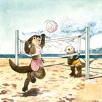 ambiguous_gender anthro ball beach beach_volleyball black_nose blue_clothing blue_shirt blue_topwear bottomwear clothed clothing crop_top day dot_eyes duo goat-soap hi_res jumping mammal multicolored_body mustelid net otter outside painting_(artwork) pink_bottomwear pink_clothing pink_shirt pink_shorts pink_topwear sea_otter seaside shirt shorts sky slight_blush sport topwear traditional_media_(artwork) two_tone_body volleyball volleyball_(ball) volleyball_net watercolor_(artwork) yellow_bottomwear yellow_clothing yellow_shorts