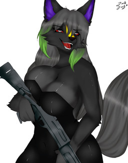 anthro benelli_m4 big_breasts breasts cleavage clothed clothing female grey_hair grey_tail gun hair holding_object holding_weapon inner_ear_fluff latex multicolored_hair ranged_weapon red_sclera shotgun simple_background solo tail tuft two_tone_hair weapon white_background white_eyes embarrassed_assist21 onyx_(onyxmeow) absurd_res hi_res