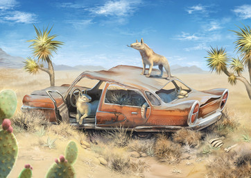 ambiguous_gender bone cactus car day desert detailed_background feral group joshua_tree lying new_vegas not_furry on_car outside plant post-apocalyptic prickly_pear rattle_(anatomy) standing text tree trio vehicle wasteland wreckage endivinity chryslus_motors_corporation corvega corvega_atomic_v8 fallout microsoft night_stalker_(fallout) artist_name english_description watermark