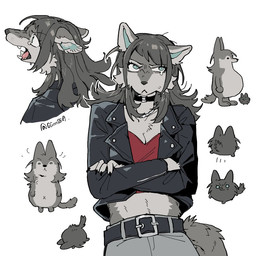 annoyed anthro belt belt_buckle biped black_clothing black_hair black_topwear black_vest bodily_fluids bottomwear breasts buckle cheek_tuft chibi choker cleavage clothed clothed_anthro clothed_female clothing duo eyelashes facial_tuft fangs female front_view fur grey_body grey_fur hair jacket jacket_vest jewelry long_hair necklace pants red_clothing red_shirt red_topwear shirt side_view simple_background skinny_anthro skinny_female solo_focus standing tail tears teeth topwear tuft vest white_background ggnn_(artist) canid canine canis mammal wolf 1:1
